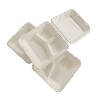 Factory Price 800ml Biodegradable Bagasse 8" 3 compartment clamshell box